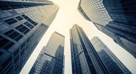 Fototapeta premium Ascending Giants: A Worm's-Eye View of Modern Skyscrapers Against a Pale Sky