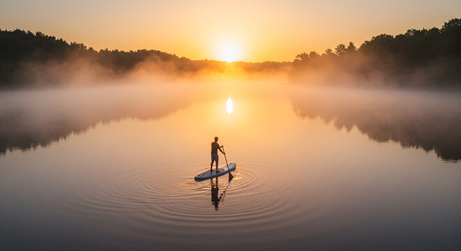 Lone paddleboarder on a tranquil misty lake, enjoying the serene golden sunrise and calm water reflections.
