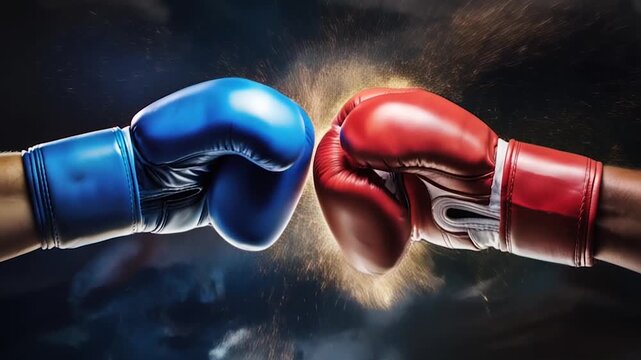 Red vs blue two boxing gloves punch each other creating sparks on a black background. Opposing competitors confrontation, sport power fight or battle advertising concept
