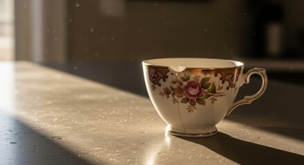 Antique porcelain teacup with floral pattern and steam rising roses