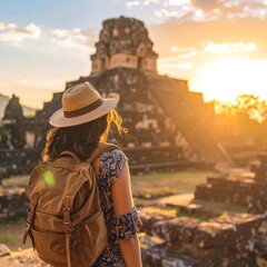 Woman with backpack admires ancient ruins at sunset