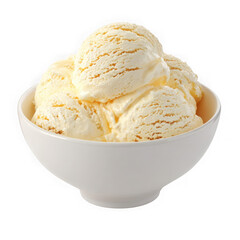 Delicious creamy vanilla bean ice cream scoops piled high in a white bowl isolated on transparent background