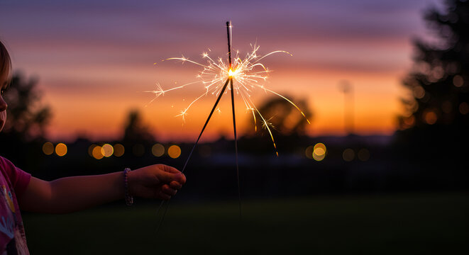 A child's hand holds a lit sparkler against a vibrant sunset sky, creating a festive and celebratory atmosphere in an outdoor setting.