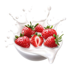 Strawberry falling into milk
