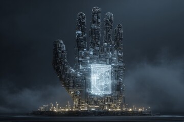 A giant hand emerges, holding a glowing server with neon lights. Concept of AI Data center