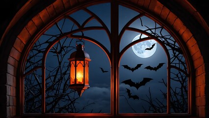 An old window frames a full moon night with bats and a stained-glass lantern  in a church