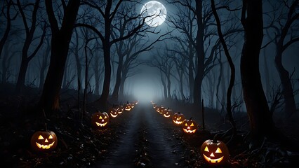 Glowing jackolanterns line a spooky path in the dark forest at night, spooky Halloween background