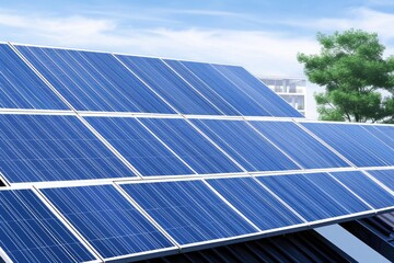 Close-up of solar panels on modern building roof, blue sky green trees background