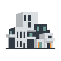 Minimalist illustration of a modern building complex with geometric shapes and muted colors.