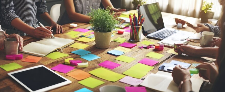 The vibrant workspace filled with creative brainstorming and collaboration activities.