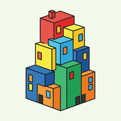 Fototapeta premium Stacked colorful cubic buildings illustration on a white background.