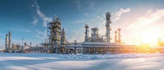 Fototapeta premium The industrial refinery complex under a beautiful snowy sunset.