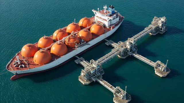 Aerial view of a large lng tanker ship docked at a floating storage and regasification unit fsru terminal in the ocean, showcasing energy infrastructure