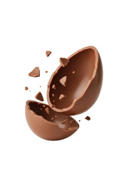 Hollow milk chocolate egg, light brown, glossy, dramatically breaking apart mid-action into two halves with sharp fragments suspended, isolated on a transparent background with copy space, dynamic