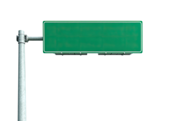 Empty green rectangular highway sign mounted on a light gray metal pole