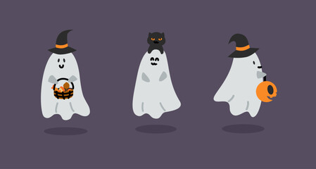 Cute ghosts wearing witch hats holding pumpkin basket and lantern, with black cat. Halloween celebration..