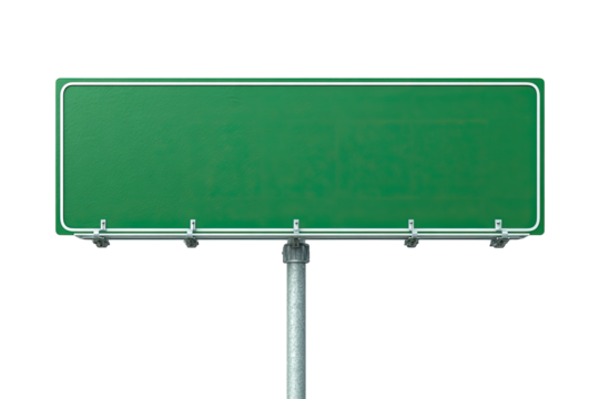 Blank green highway sign mounted on a metal post