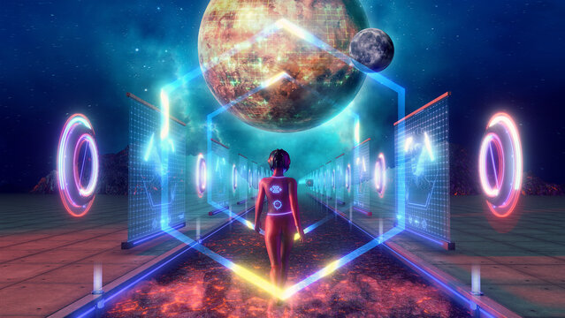 An abstract background in a futuristic Sci Fi style, with a female character walking through a neon tech landscape featuring digital screens, and a large central spinning planet.