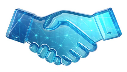 3D holographic glass handshake icon symbolizing partnership, agreement, trust and cooperation, isolated on white