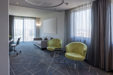 Interior of a modern hotel room with contemporary furniture