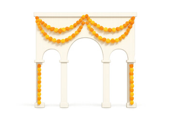 Elegant white wedding arch adorned with vibrant orange floral garlands, symbolic of joyful matrimonial celebrations