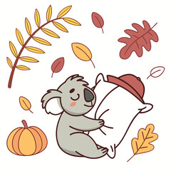 Cute SVG of a Gentle Koala in Harvest Blessings colors, featuring hugging a pillow in a Thanksgiving setting