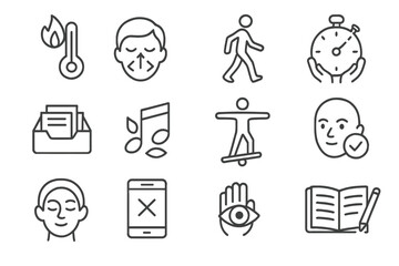 Remote Work Stress Icons. Line style icons of remote work stress management: stress thermometer, breathing icon, short walk icon,