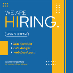 We are hiring banner with blue and yellow theme
