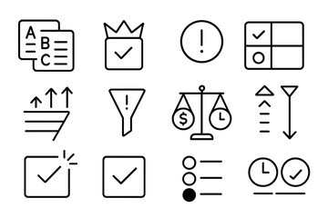 Time Management Icons. Line style icons of time prioritization: A/B/C priority card, most important task crown, high priority icon