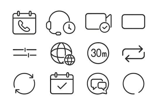 Scheduling Call Icons. Line style icons of scheduling client calls: call icon on calendar, headset with clock, scheduled video