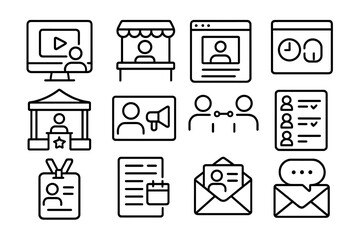 Event Marketing Icons. Line style icons of event marketing: webinar icon, virtual booth, registration form, event countdown,