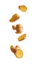 Fresh ginger slices falling