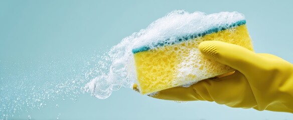 The vibrant yellow sponge releasing bubbles in a cleaning action.