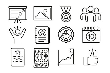 Financial Goal Icons. Line style icons of financial goal motivation: progress tracker board, visual goal chart, reward for