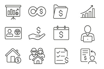 Retirement Income Streams. Line style icons of retirement income streams: pension plan chart, annuity symbol, IRA folder, 401k