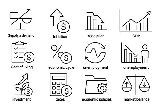 Economic Icons Outline. Line style icons of economic terms and concepts: supply and demand icon, inflation arrow, recession symbol