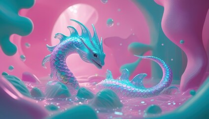 Fototapeta premium Enchanting teal dragon emerging from a dreamlike pink and teal landscape