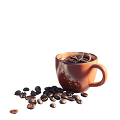 Hot coffee in a mug with roasted coffee beans scattered around isolated on transparent background