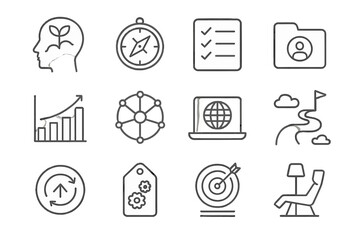 Lifelong Learning Icons. Line style icons of lifelong learning themes: growth mindset icon, curiosity compass, new skills