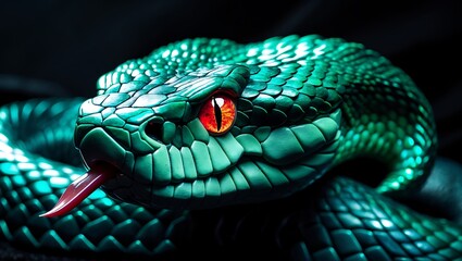 Close up of a vibrant green viper snake with piercing red eyes and a forked tongue flicking