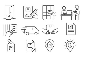 Last-Mile Delivery Icons. Line style icons of last-mile delivery: doorstep parcel icon, signature confirmation, smart locker drop,