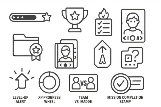 Gamified Learning Icons. Line style icons of gamified learning: points score bar, achievement trophy icon, quiz streak meter,