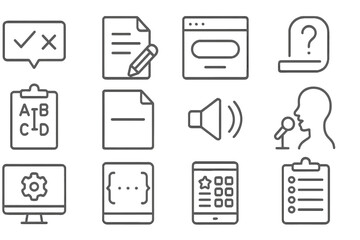 Knowledge Testing Icons. Line style icons of knowledge testing formats: true/false icon, essay answer sheet, drag and drop quiz,
