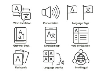 Language Learning Icons. Line style icons of language learning: word translation icon, pronunciation icon, language flags, grammar