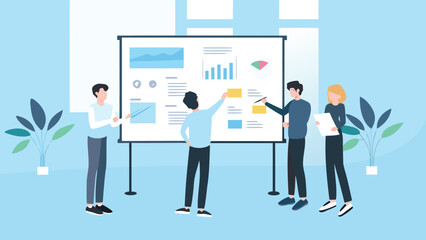 Fototapeta premium Illustration of a presentation with four people standing around a whiteboard in a light blue room space