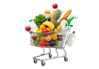 Chrome metal shopping cart, mid-air, overflowing with diverse fresh groceries and household essentials on a transparent background with copy space, ultra-realistic UHD product photography. Concept of