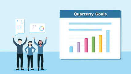Team celebrating quarterly goals achievement with bar graph and data visualizations on a light blue background