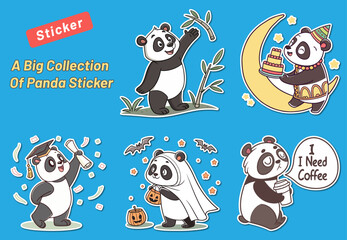 Cute Panda Bear Sticker Collection with Different Activities and Holiday Themes on a Blue Background