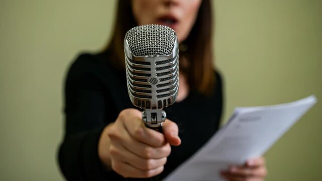 Closeup of a vintage microphone held by a person holding papers
