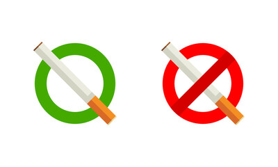 Green smoking area and red no smoking area cigarette circle sign icon flat vector design